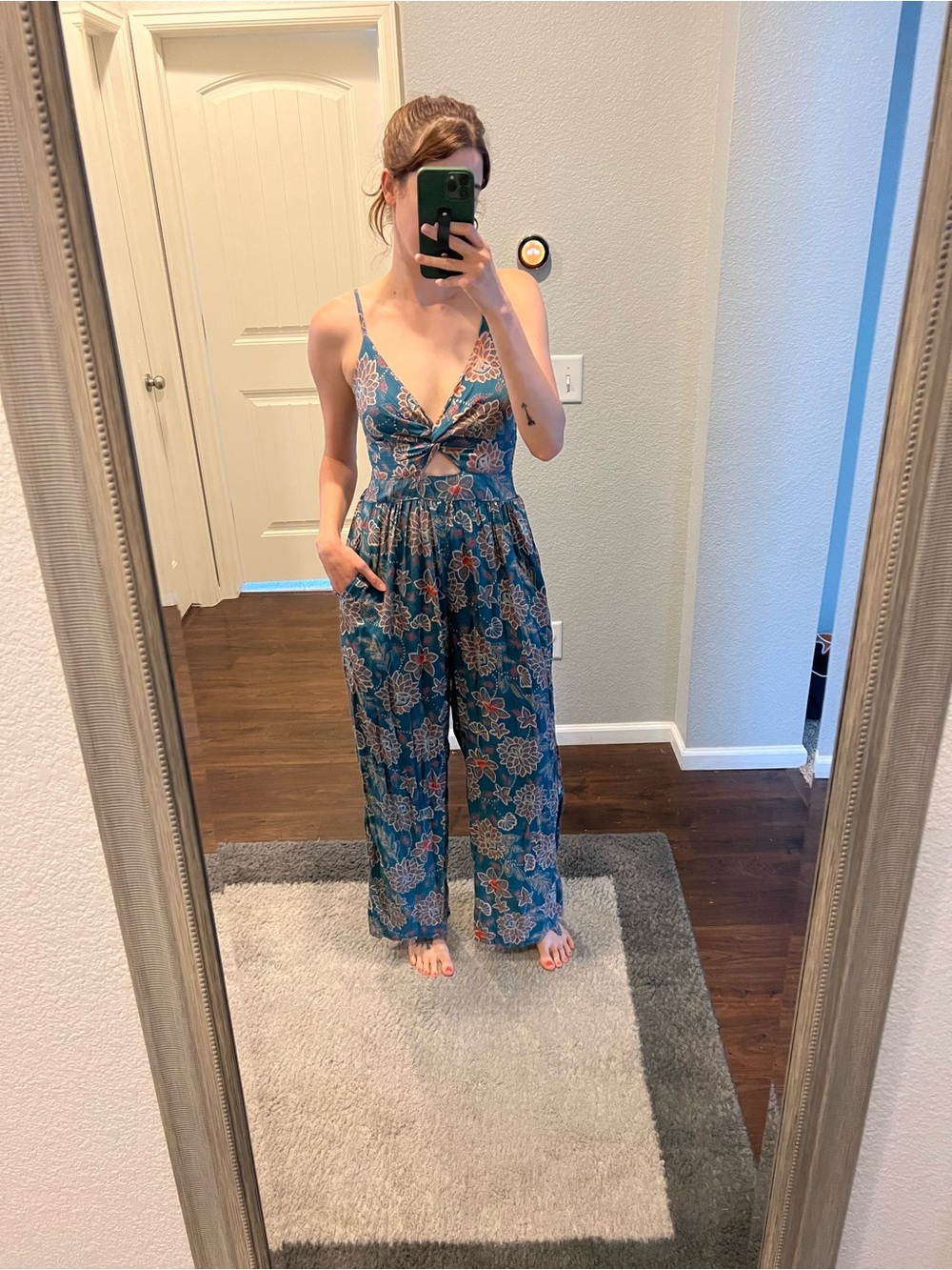 Blue Floral Wide-Leg Jumpsuit with adjustable Straps